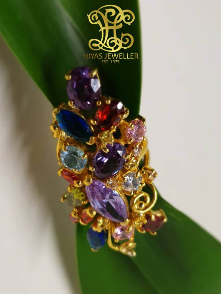 Hiyas Jeweller Cocktail Ring With Colored Stones Set In Silver Plated On Yellow Gold