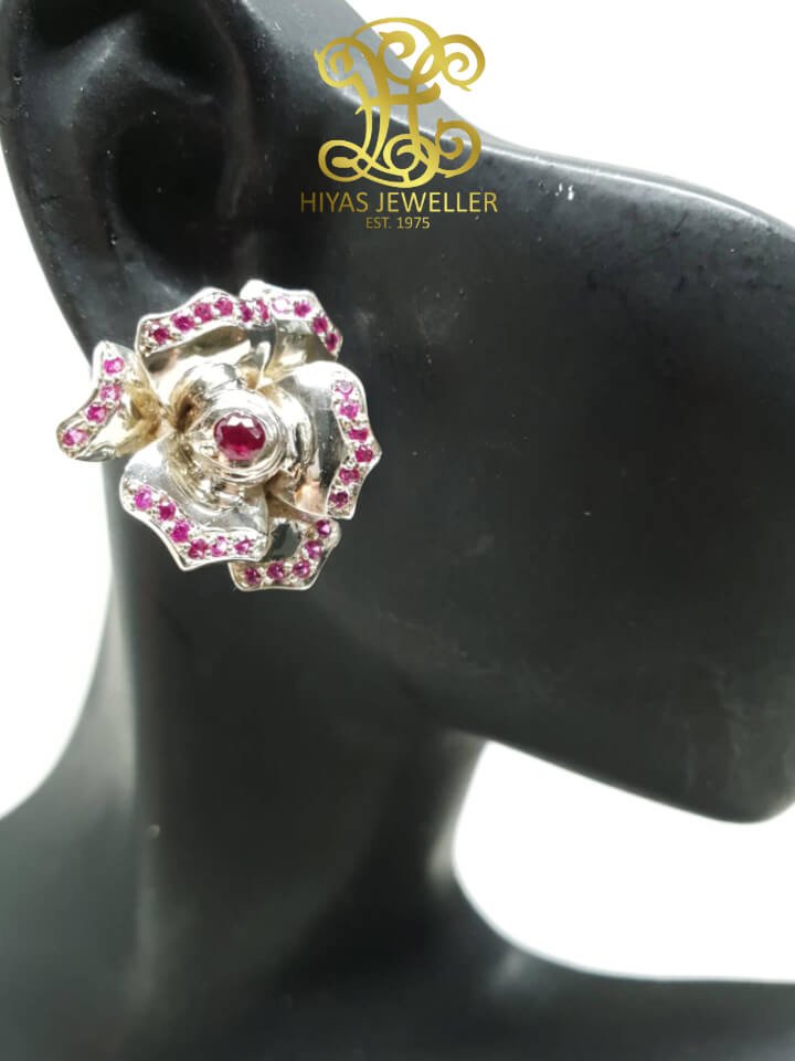 Hiyas Jeweller Rosebud Earrings With Rubilite Stones In Silver Setting